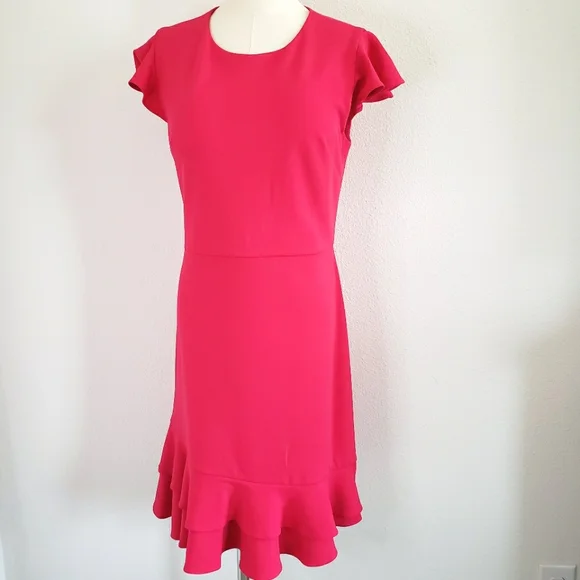 BETSEY JOHNSON Short Sleeve Fitted Ruffle Hem Fuchsia Dress--NWT--10 - Picture 2 of 12